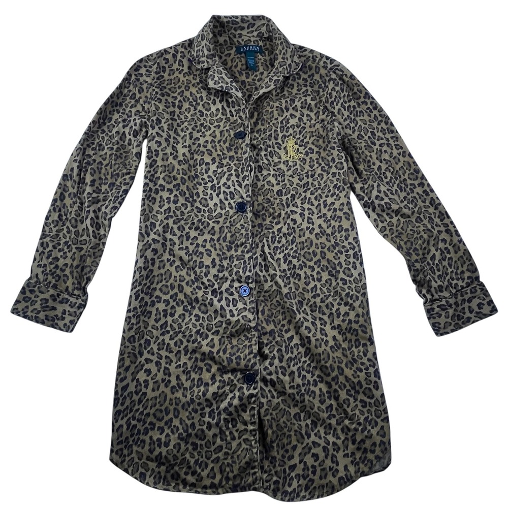 Lauren Ralph Lauren‎ Leopard Print Cotton Sleep Shirt Nightgown Brown Small Logo